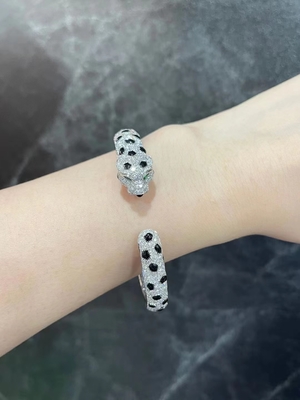 Custom Small Panthere De Brand Bracelet 18K White Gold With Onyx Emeralds Diamond