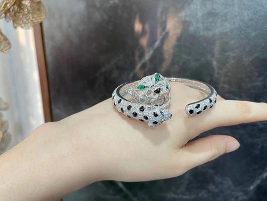 Custom Small Panthere De Brand Bracelet 18K White Gold With Onyx Emeralds Diamond