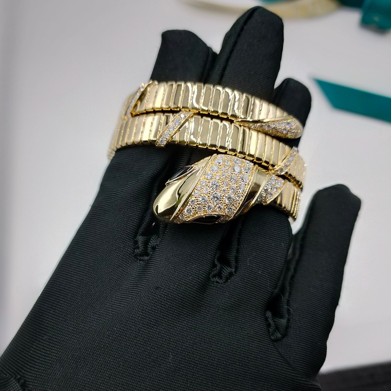 18K Gold Luxury Diamond Bracelet Serpenti Two-Coil 18 Kt Yellow Gold Bracelet Set With Demi Pavé Diamonds And Black Onyx Eyes