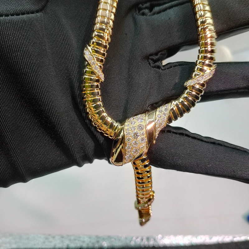 Serpenti 18 Kt Yellow Gold Necklace Set With Demi Pavé Diamonds And Black Onyx Eyes 18K Gold High Jewelry